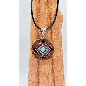 sterling silver Inlay Pendant With Leather Cord